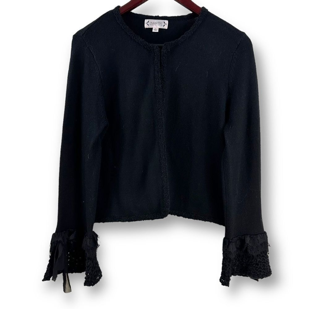 Nanette Lepore Black Flutter Crochet Lace Cuff Knit Cardigan size M